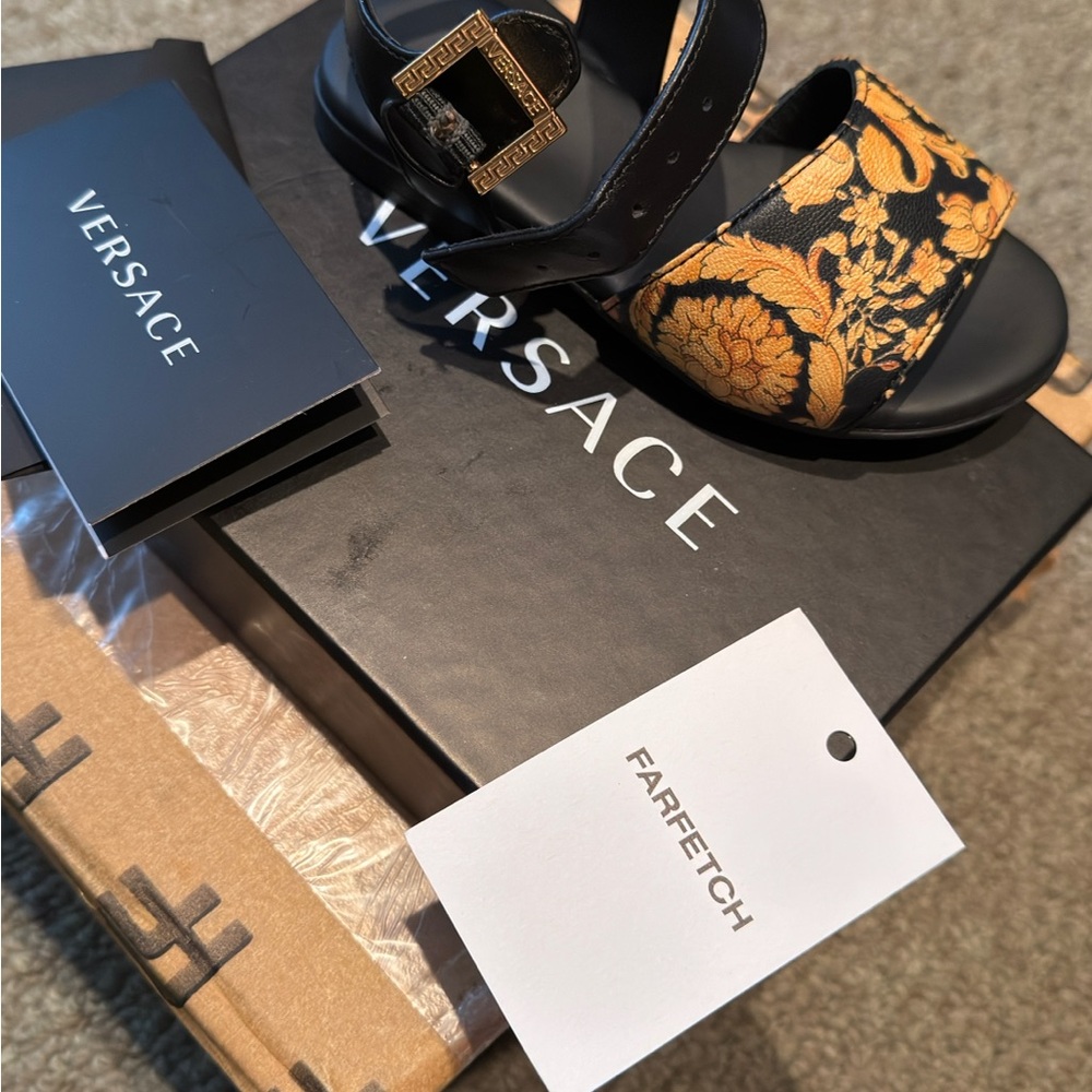 Versace Black and Gold toddler sandals with Baroque Elegance